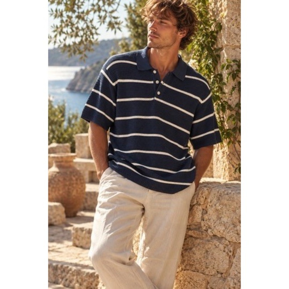 Old Navy Mens Medium Blue White Striped Knit Polo Shirt Cotton Short Sleeve